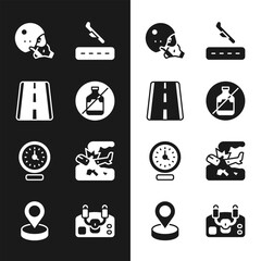 Canvas Print - Set No alcohol, Airport runway, Modern pilot helmet, Plane landing, Clock, crash, Aircraft steering and Location icon. Vector