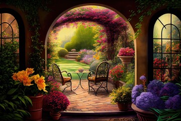 Wall Mural - patio with view of tranquil garden, surrounded by colorful blooms and greenery, created with generative ai