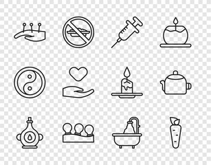 Sticker - Set line Oil bottle, Carrot, Syringe, Vacuum cans, Acupuncture therapy, Heart hand, Bathtub and Kettle with handle icon. Vector