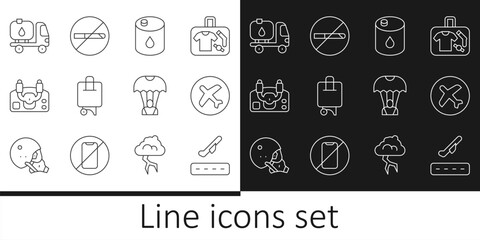 Poster - Set line Plane takeoff, Barrel oil, Suitcase, Aircraft steering helm, Fuel tanker truck, Parachute and No Smoking icon. Vector