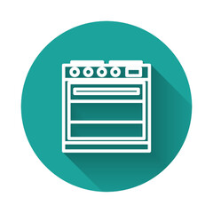 Canvas Print - White line Oven icon isolated with long shadow. Stove gas oven sign. Green circle button. Vector Illustration