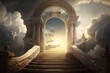staircase that leads to the heavenly gates, with a view of clouds and sun in the background, created with generative ai