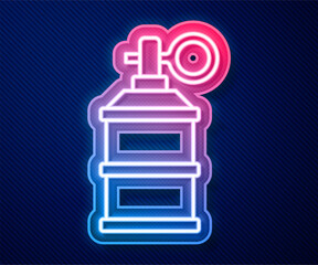 Poster - Glowing neon line Hand smoke grenade icon isolated on blue background. Bomb explosion. Vector