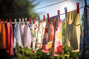 Wall Mural - clothesline with colorful and breezy clothes in the summer sun, created with generative ai