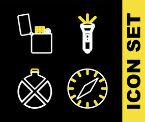 Sticker - Set line Flashlight, Compass, Canteen water bottle and Lighter icon. Vector