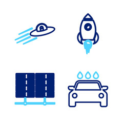 Sticker - Set line Car wash, Server, Data, Web Hosting, Rocket ship with fire and UFO flying spaceship and alien icon. Vector