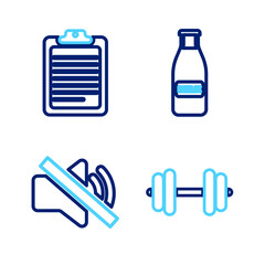 Poster - Set line Dumbbell, Speaker mute, Glass bottle milk and cap and Clipboard with document icon. Vector