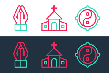 Poster - Set line Yin Yang, Hands praying position and Church building icon. Vector