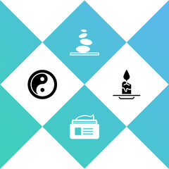 Sticker - Set Yin Yang, Ointment cream tube, Stack hot stones and Aroma candle icon. Vector