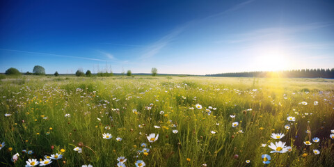 Wall Mural - panorama of meadows fields with flowers in summer under a sky. Generative AI illustration
