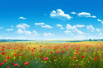 Wall Mural - panorama of meadows fields with flowers in summer under a sky. Generative AI illustration