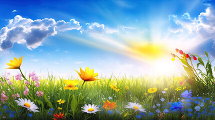 Wall Mural - blooming spring flowers on field meadow against blue sky in summer. Generative AI illustration