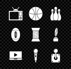 Poster - Set Television, Basketball ball, Bowling pin, Online play video, Microphone, Joystick for arcade machine, American Football and Sewing thread spool icon. Vector