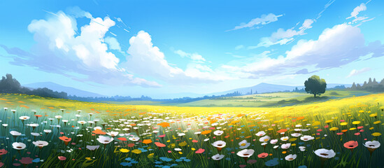 Wall Mural - panorama with field meadow with blooming spring flowers against blue sky in summer. Generative AI illustration