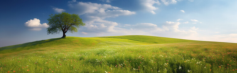Wall Mural - meadow field with flowers and trees on sunny summer day. Generative AI illustration