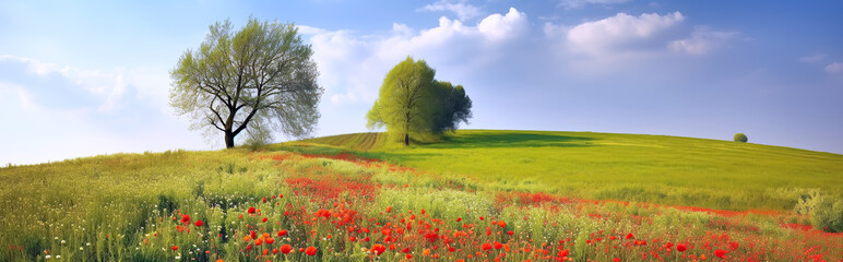 Wall Mural - meadow field with flowers and trees on sunny summer day. Generative AI illustration