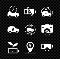 Sticker - Set Electric car, Low battery, Charging home, Eco nature leaf, parking electric, and icon. Vector