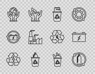 Sticker - Set line Battery with recycle symbol, Recycling plastic bottle, Recycle bin and can, Human hands holding Earth globe, Factory, and Car battery icon. Vector