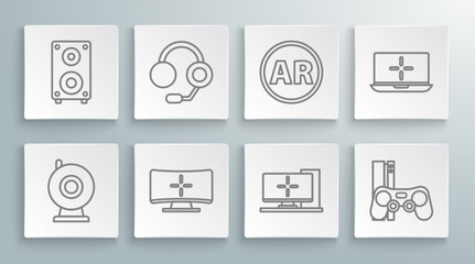 Poster - Set line Web camera, Headphones, Computer monitor, Game console with joystick, Ar, augmented reality, Laptop and Stereo speaker icon. Vector