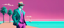 Noir Film Character, Male Detective In Fedora Hat, Retrowave Style Colors, Slueth, Pink Background, Banner Mockup, Copy Space. Generative AI