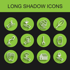 Sticker - Set line Garden gloves, Tree in hand of environmental protection, Sprout, Farm house, Hand holding flower, and Shovel icon. Vector