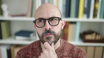 Poster - Young bald man student sitting on table with doubt expression at university classroom