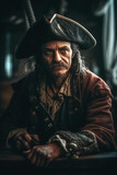 pirate captain corsair in costume and hat on medieval ship at sea. Generative AI