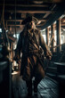 © alexkoral - portrait of medieval pirate in costume and hat on deck of a ship. Generative AI