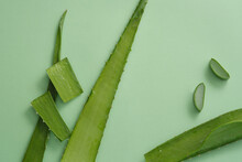 Fresh Aloe Vera Leaves And Slices Decorated On A Green Background Aloe Vera Is A Succulent Plant With Many Health And Beauty Benefits, Especially For Skin And Hair