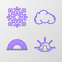 Sticker - Set line Sunset, Rainbow with clouds, Cloud and Snowflake icon. Vector