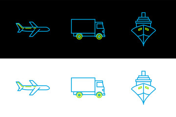 Wall Mural - Set line Cargo ship, Plane and Delivery cargo truck vehicle icon. Vector