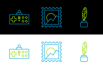 Sticker - Set line Feather and inkwell, Gamepad and Picture landscape icon. Vector