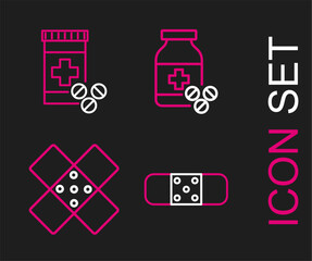 Poster - Set line Bandage plaster, Crossed bandage, Medicine bottle pills and icon. Vector