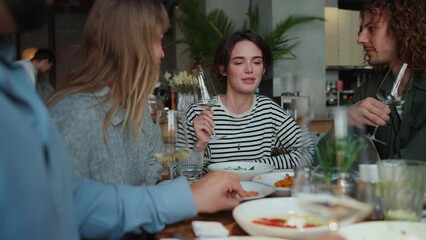 Poster - Multinational happy friends make birthday toast during cafe celebration