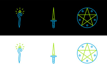 Canvas Print - Set line Pentagram in a circle, Magic staff and Dagger icon. Vector