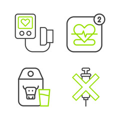 Wall Mural - Set line No doping syringe, Paper package for milk, Mobile with heart rate and Blood pressure icon. Vector