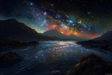 Wall Mural - sunrise over the mountains with galaxy sky. generative ai.