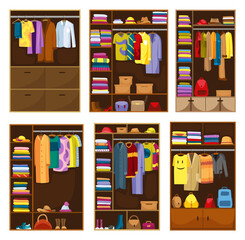 Clothes wardrobe room full of woman clothes. Set of furniture with shelves for accessories. Boutique interior design concept. Flat style  illustration