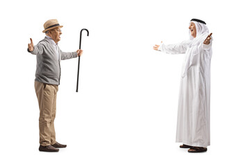 Wall Mural - Arab man in traditional muslim clothes walking towards a senior man with arms wide open