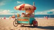 Abstract background with vendor shop with ice cream on beach, umbrellas on hot beach and ocean view and sky. Summer landscape wallpaper. Horizontal illustration for banner design. Generative AI.