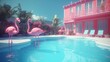 Abstract background with pink private villa or hotel exterior with swimming pool and exotic flamingos and palm trees. Summer resort wallpaper. Horizontal illustration for banner design. Generative AI.