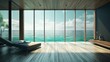 Abstract background with empty living room with furniture with panoramic window. Summer wallpaper with beautiful apartment with ocean view. Horizontal illustration for banner design. Generative AI.