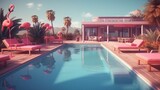 Fototapeta  - Abstract background with pink private villa or hotel exterior with pool, sunbeds with flamingos and palm trees. Summer resort wallpaper. Horizontal illustration for banner design. Generative AI.