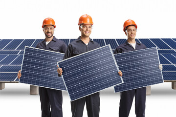 Wall Mural - Workers at a solar farm holding panels and looking at camera