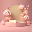 © Iaroslav - A front view of mockup podium 3D gold display decorated pedestal with pink peony flower platform. Generative ai