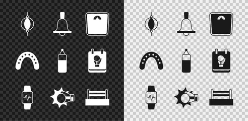 Wall Mural - Set Punching bag, Boxing bell, Bathroom scales, Smart watch with heart, boxing glove, ring, Mouth guard boxer and icon. Vector