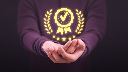 Poster - Man hand showing the best quality assurance with five stars. Assessment quality assurance of business services. Guarantee, warranty, standard, ISO certification, review, feedback, testimonial concept.