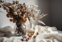 Composition Of Dry Flowers In A Vase, White Fabric Background, Still Life. Generative AI