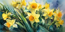 Cheerful Watercolor Painting Of A Bouquet Of Daffodils, With Bright Yellow Petals And Green Leaves Set Against A Sunny Blue Sky