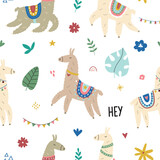 Fototapeta Przeznaczenie - Vector seamless pattern with cute lamas in bright colors in scandinavian style. Cute cartoon lama. Ideal for children's printed materials.